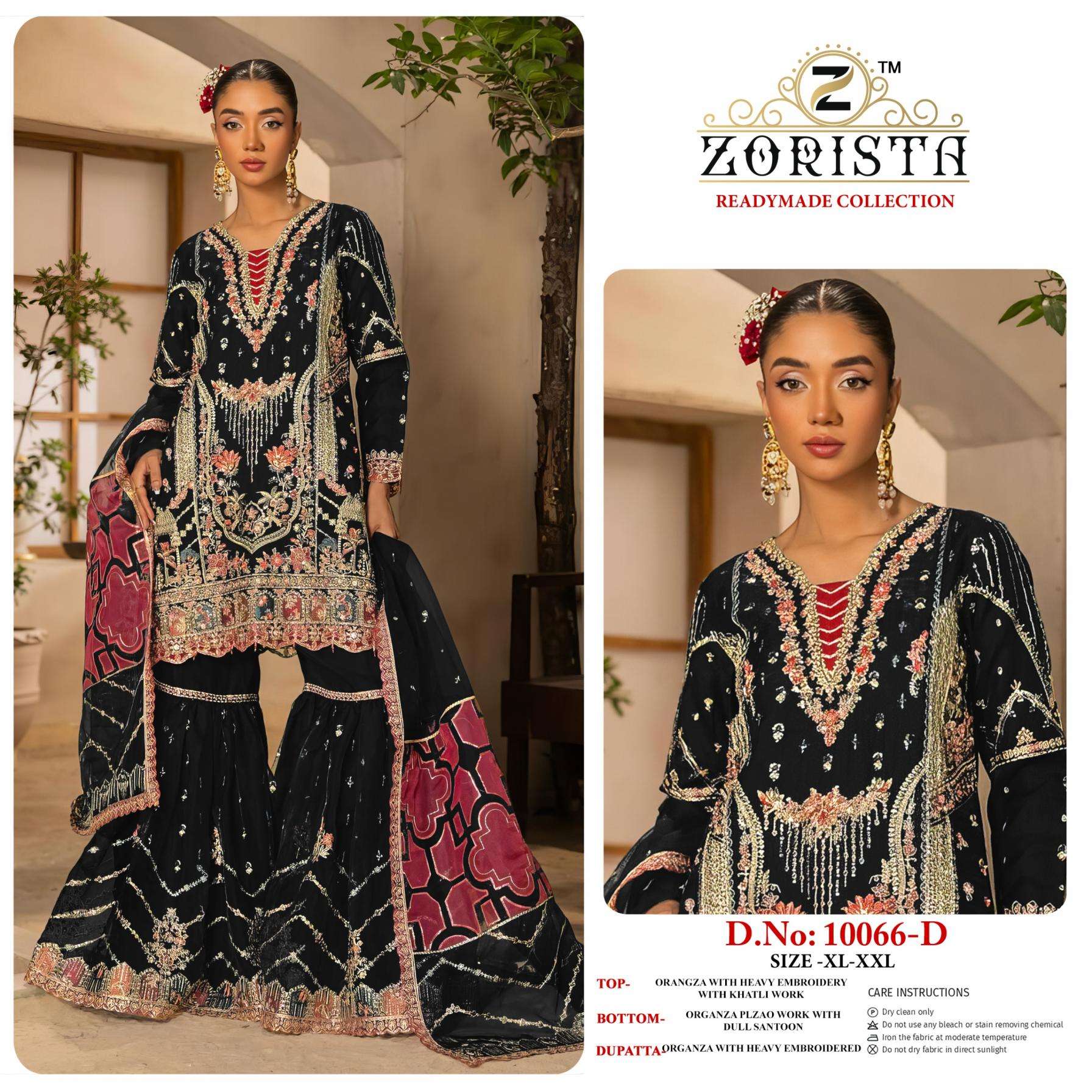 zorista 10066 fully stitch traditional plazzo style organza silk pakistani dress