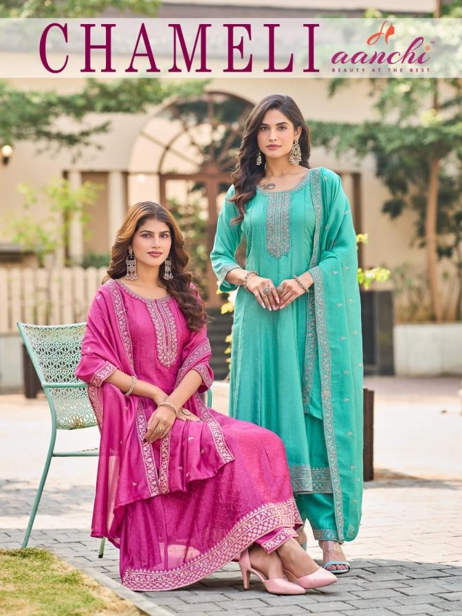 aanchi chameli vichitra silk anarkali style readymade wholesale suit