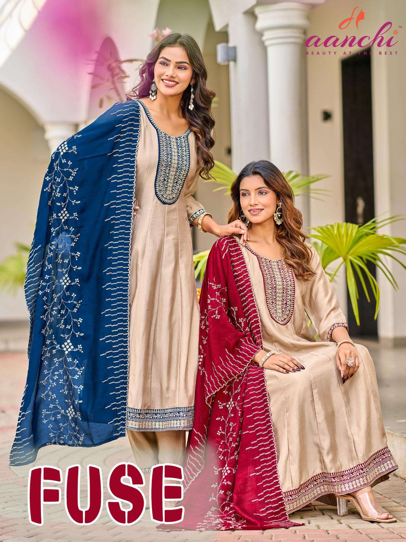 aanchi fuse vichitra silk readymade anarkali wholesale suit in surat 