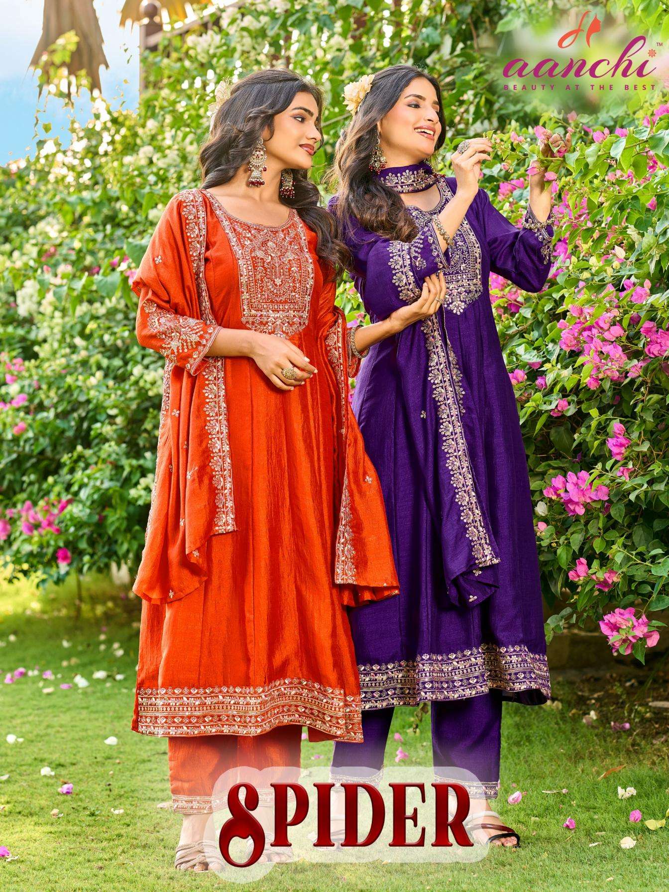 aanchi spider vichitra silk embroidery anarkali readymade suit in surat