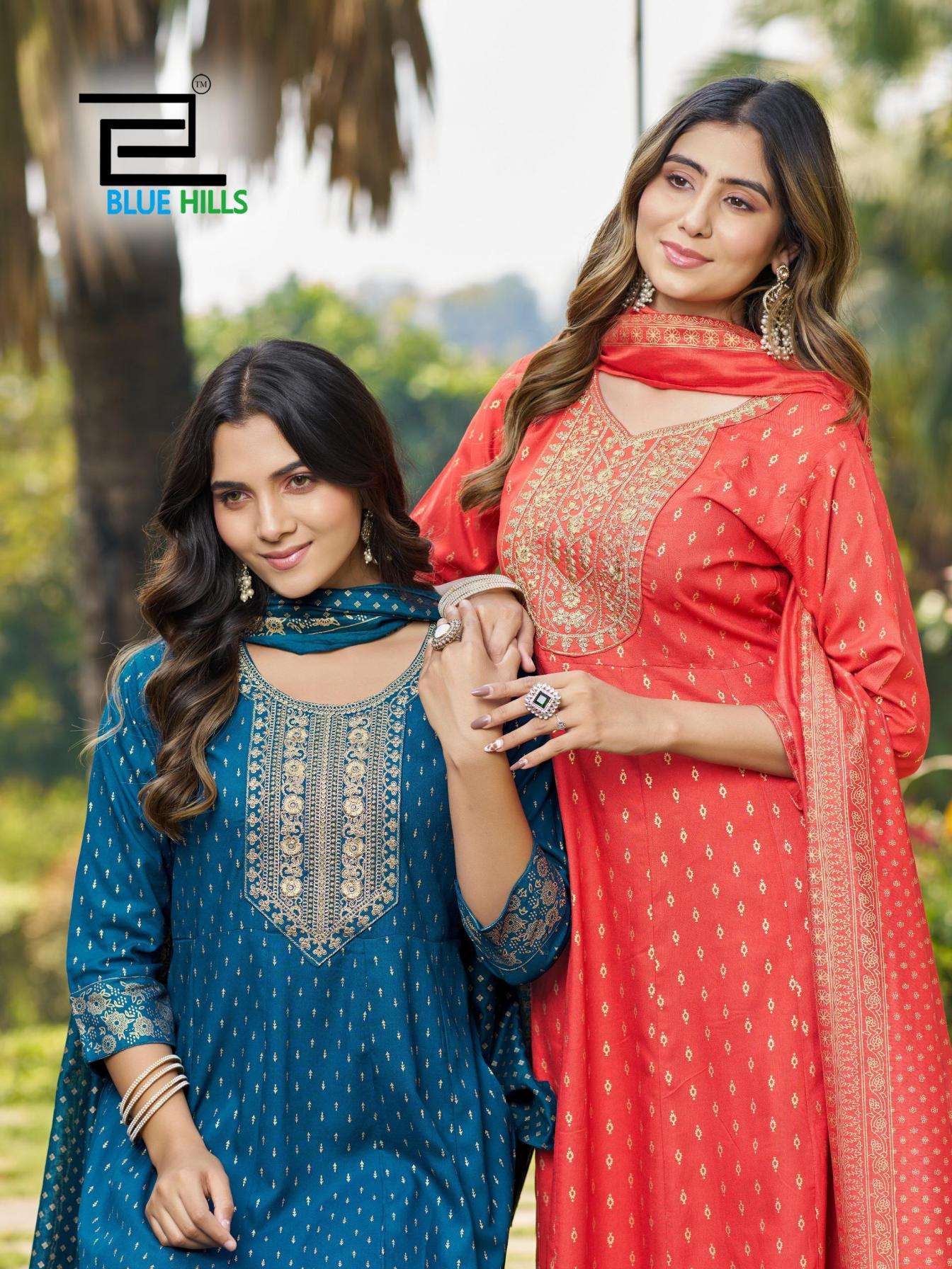 blue hills sanju series 5261-5264 rayon sequence work readymade suit 