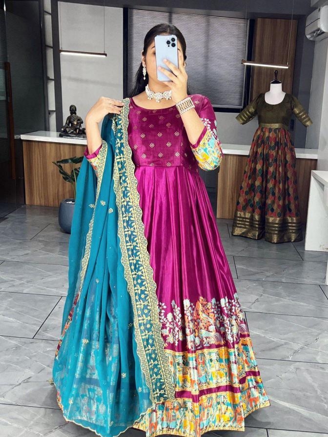 grtn6156 dola silk traditional fully stitch gown with dupatta