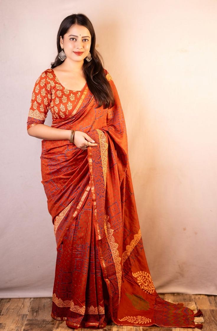 kc 211 chanderi cotton ajrakh style saree