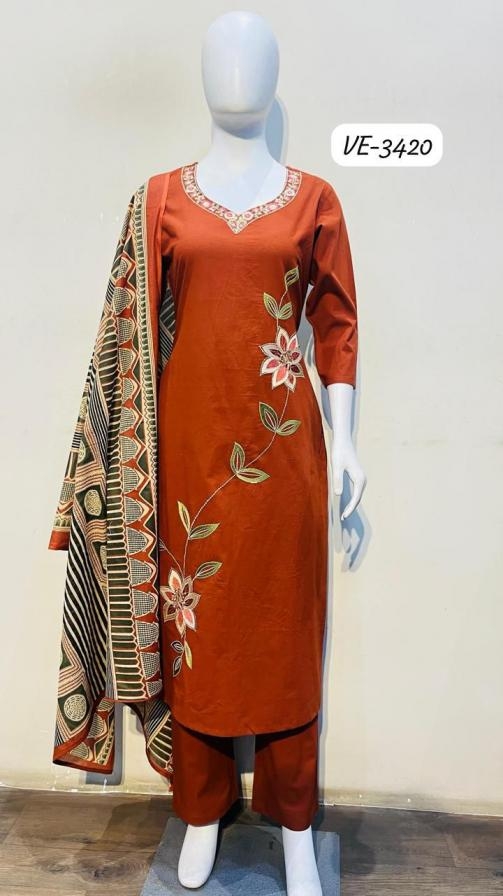 ladies flavour 3419 - 3423 mul chanderi handwork readymade combo kurti pant set