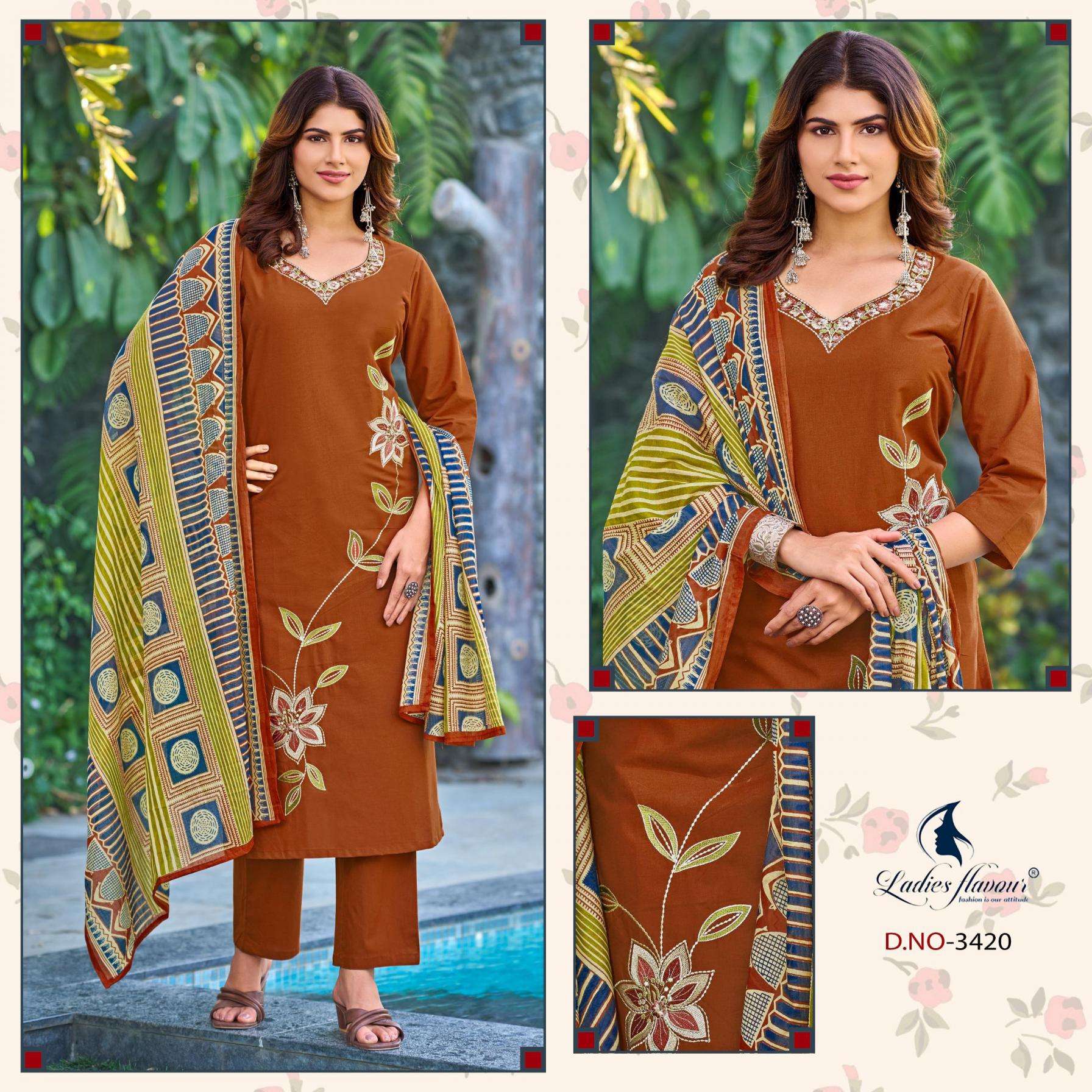 ladies flavour 3420-3423 Heavy Cotton Embroidery Work readymade suit in surat