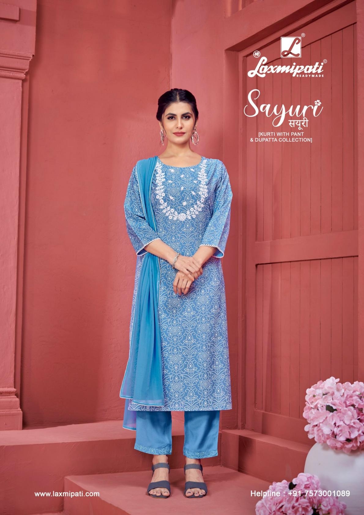 laxmipati sayuri viscose embroidered kurti pant with dupatta
