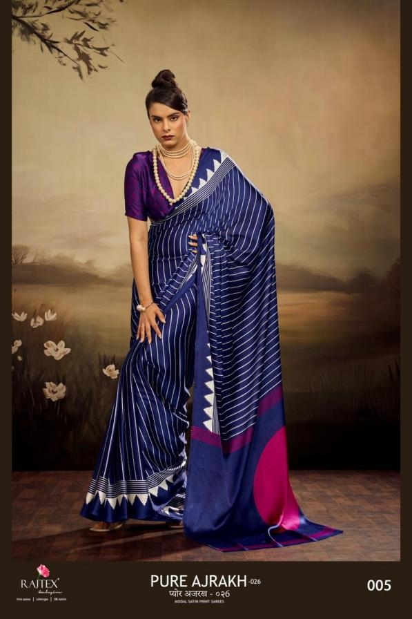 rajtex pure ajrakh 026 series 001-006 modal satin wholesale saree in surat