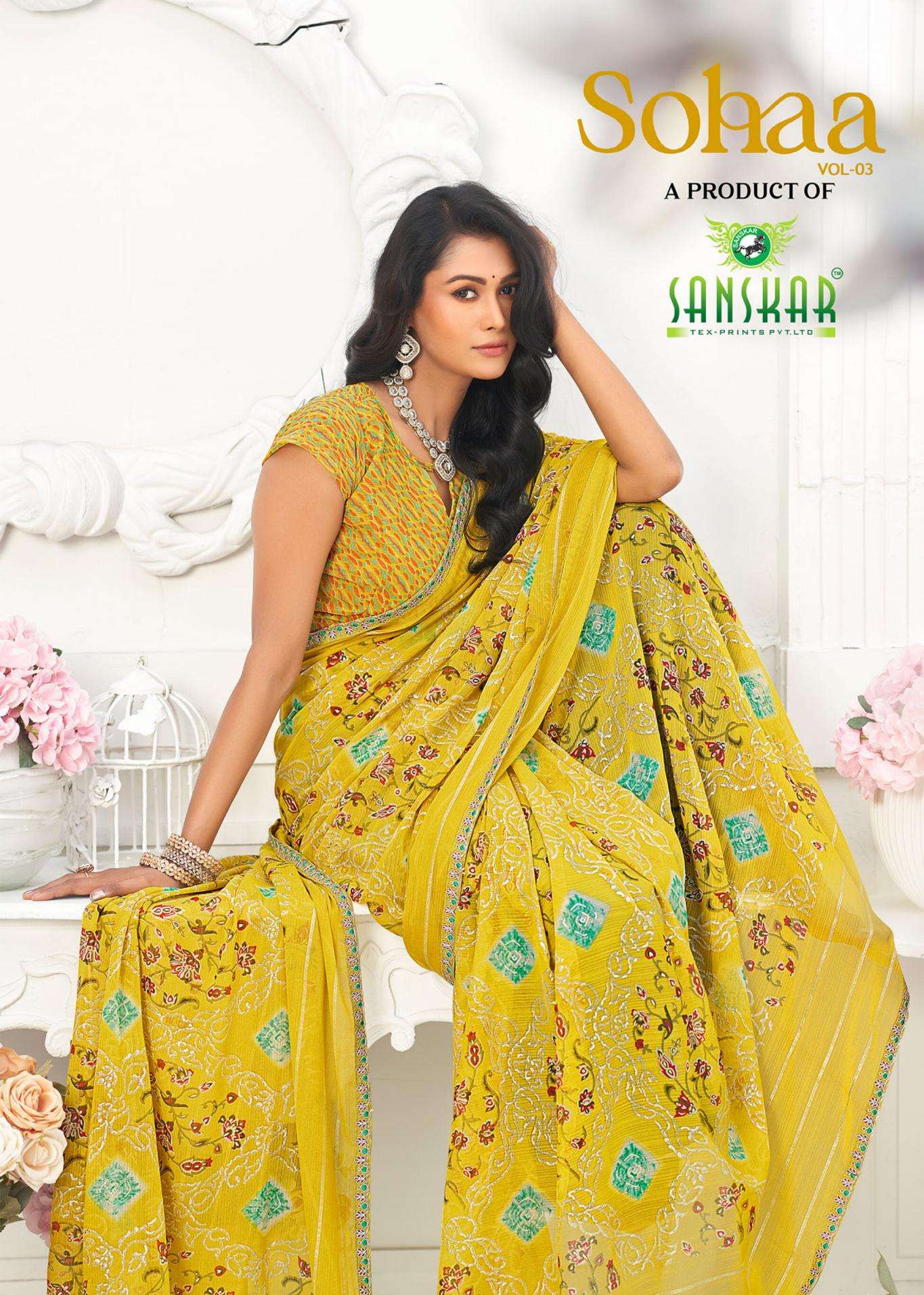 sanskar tex prints sohaa vol 3 series 11010-11017 Georgette chiffon wholesale saree