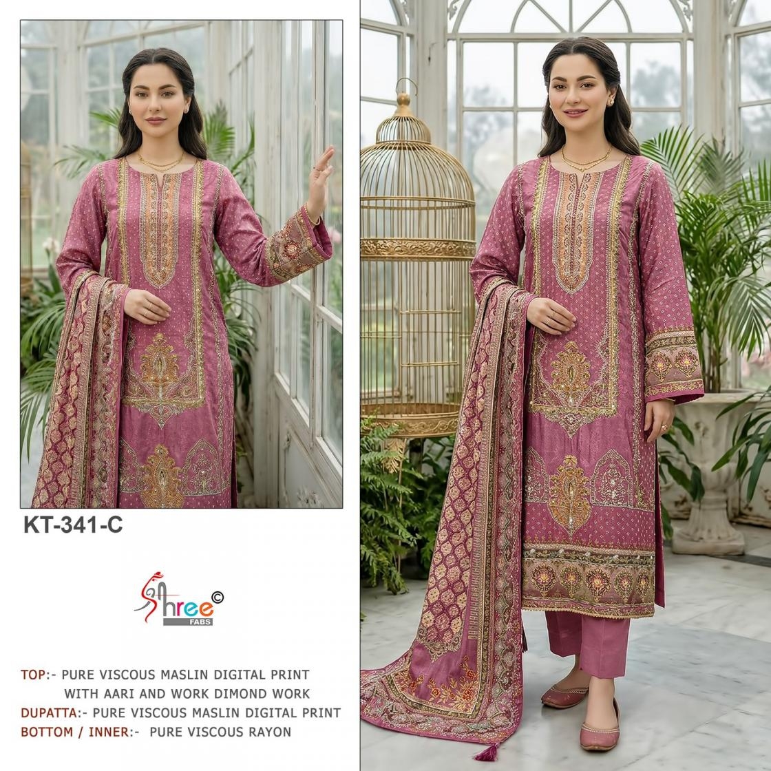 shree fabs kt 341 Pure viscous Maslin digital print and hand work wholesale suit in surat