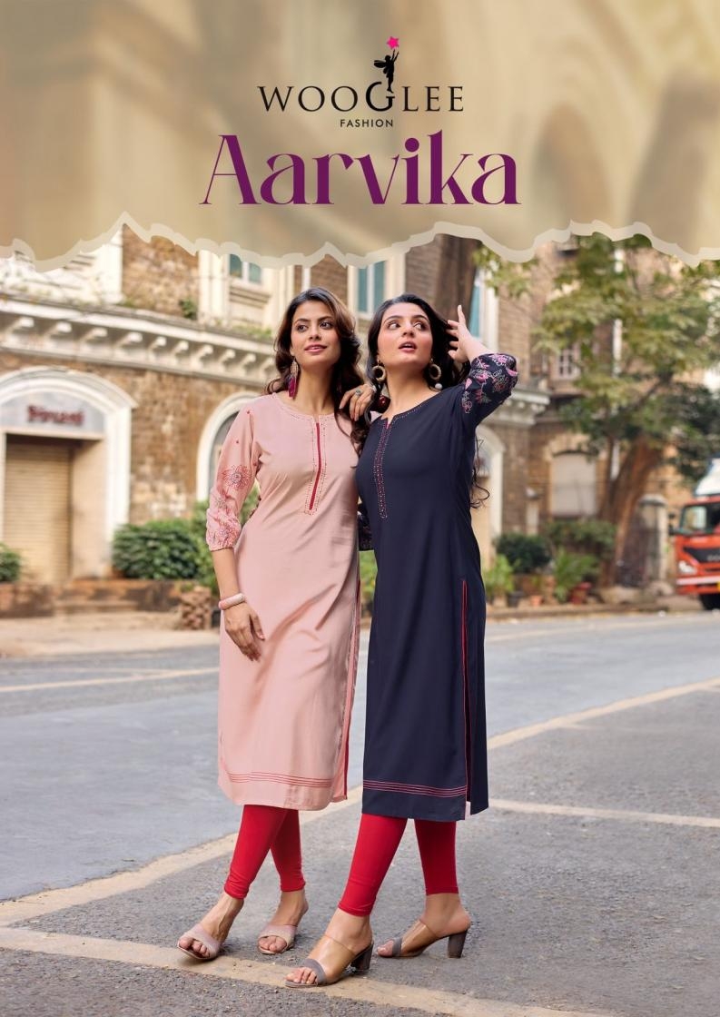 wooglee aarvika series 4001-4006 Heavy Rayon Handwork & Thread Work wholesale kurti 