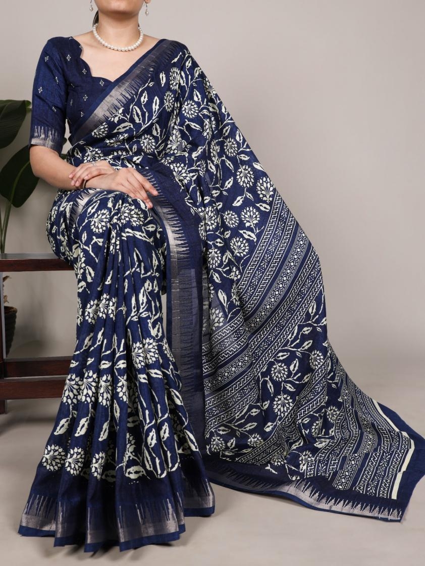 ynf 7214 slub silk floral print amazing saree
