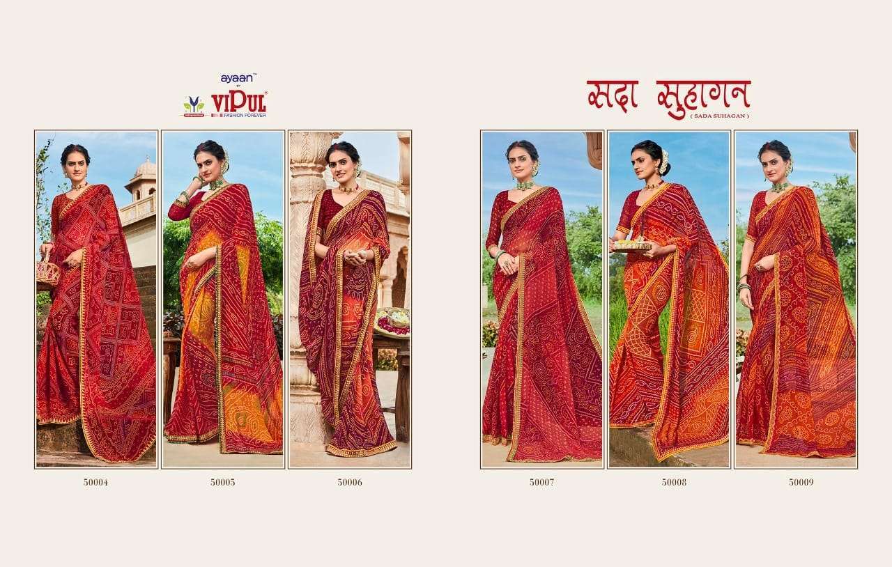VIPUL FASHION SADA SUHAGAN GEORGETTE BANDHEJ PRINT WITH JARI BORDER WORK SARIS