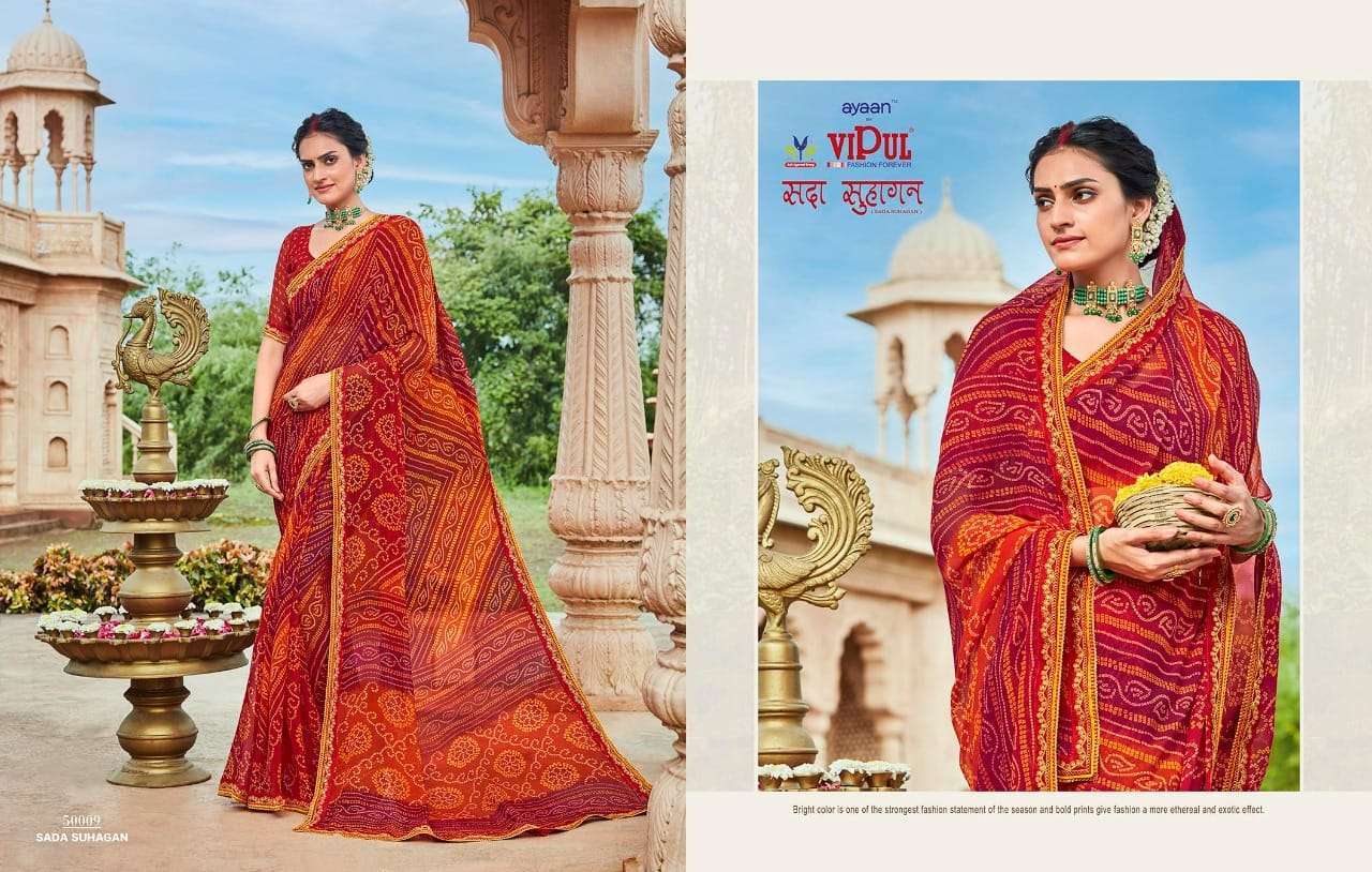 VIPUL FASHION SADA SUHAGAN GEORGETTE BANDHEJ PRINT WITH JARI BORDER WORK SARIS