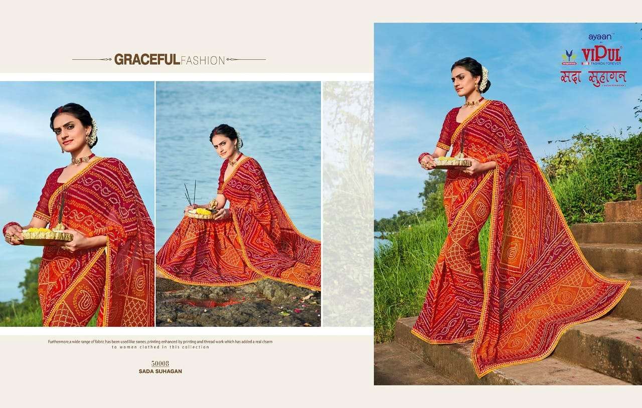 VIPUL FASHION SADA SUHAGAN GEORGETTE BANDHEJ PRINT WITH JARI BORDER WORK SARIS