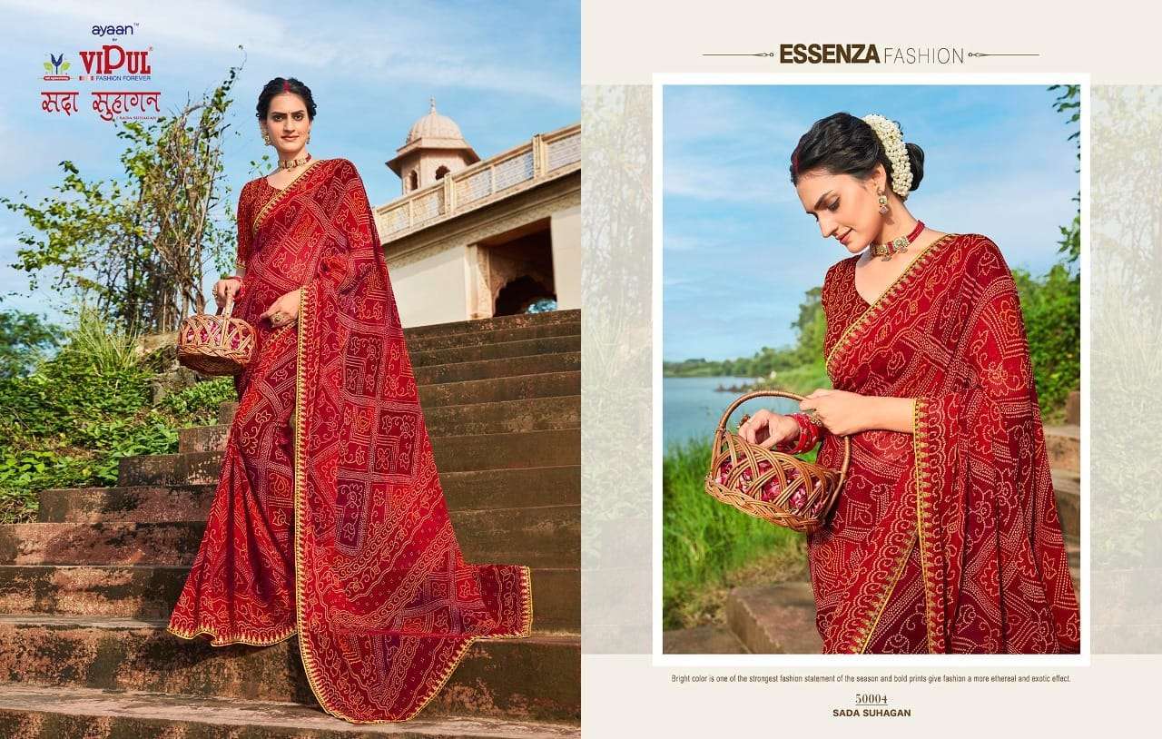 VIPUL FASHION SADA SUHAGAN GEORGETTE BANDHEJ PRINT WITH JARI BORDER WORK SARIS