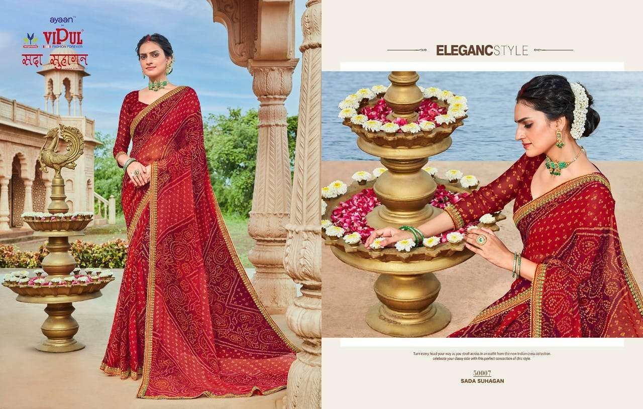 VIPUL FASHION SADA SUHAGAN GEORGETTE BANDHEJ PRINT WITH JARI BORDER WORK SARIS
