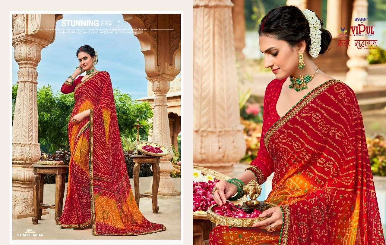 VIPUL FASHION SADA SUHAGAN GEORGETTE BANDHEJ PRINT WITH JARI BORDER WORK SARIS