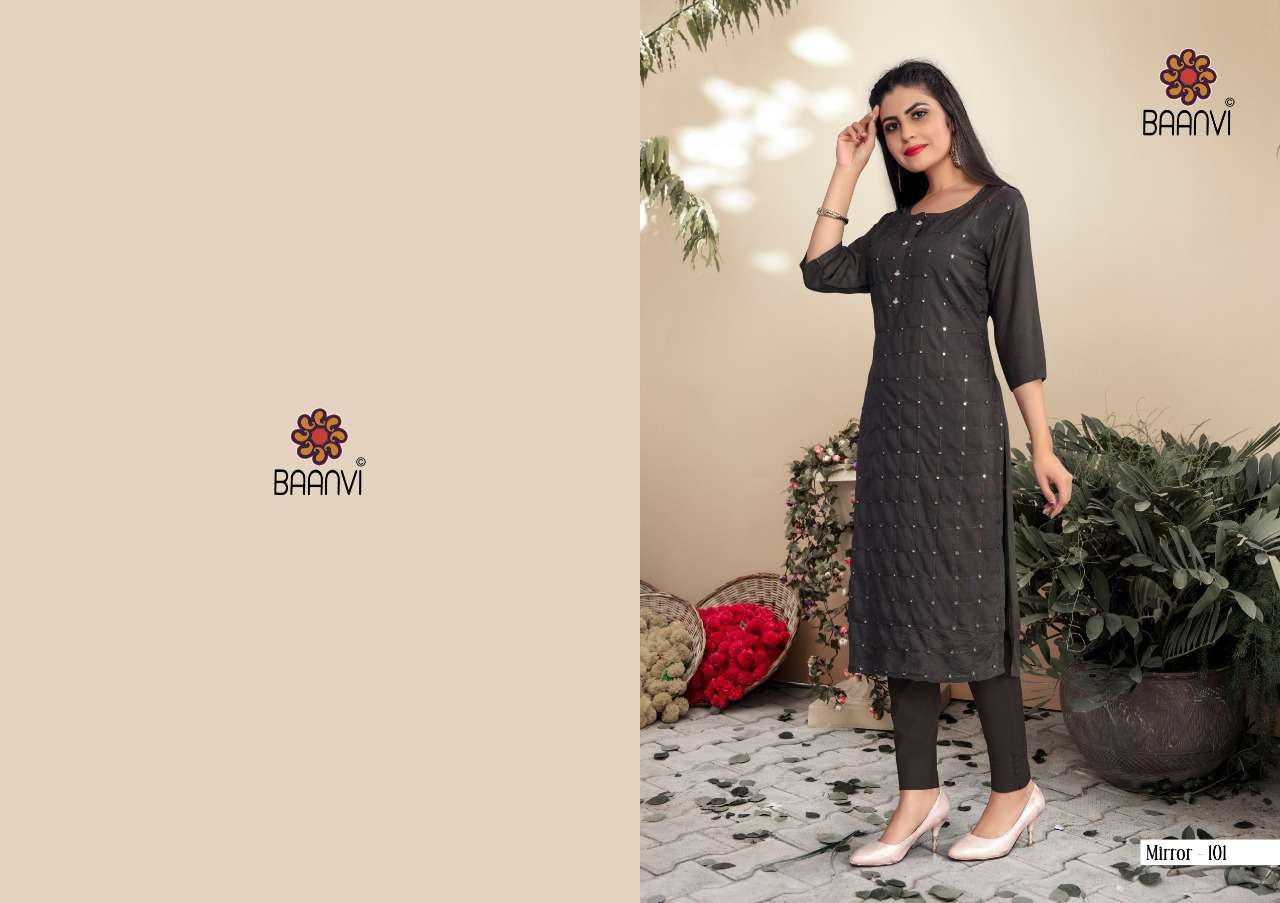 baanvi mirror vol 1 series 101-106 rayon slub mirror work kurti 
