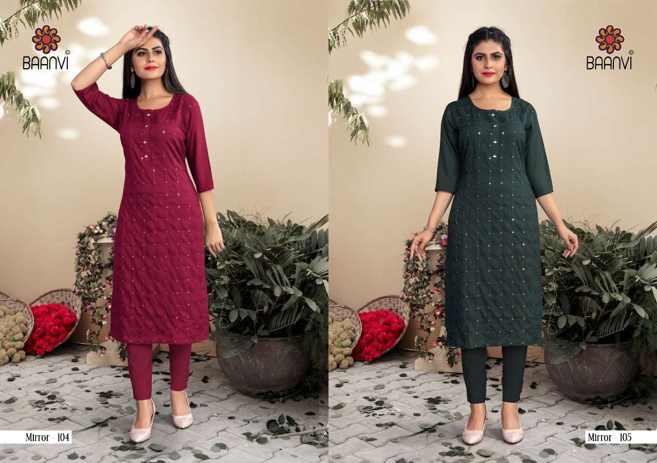 baanvi mirror vol 1 series 101-106 rayon slub mirror work kurti 