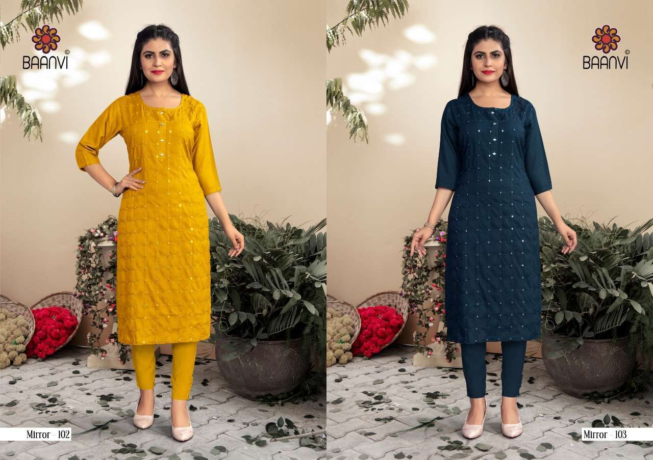 baanvi mirror vol 1 series 101-106 rayon slub mirror work kurti 
