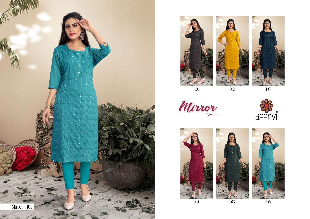 baanvi mirror vol 1 series 101-106 rayon slub mirror work kurti 