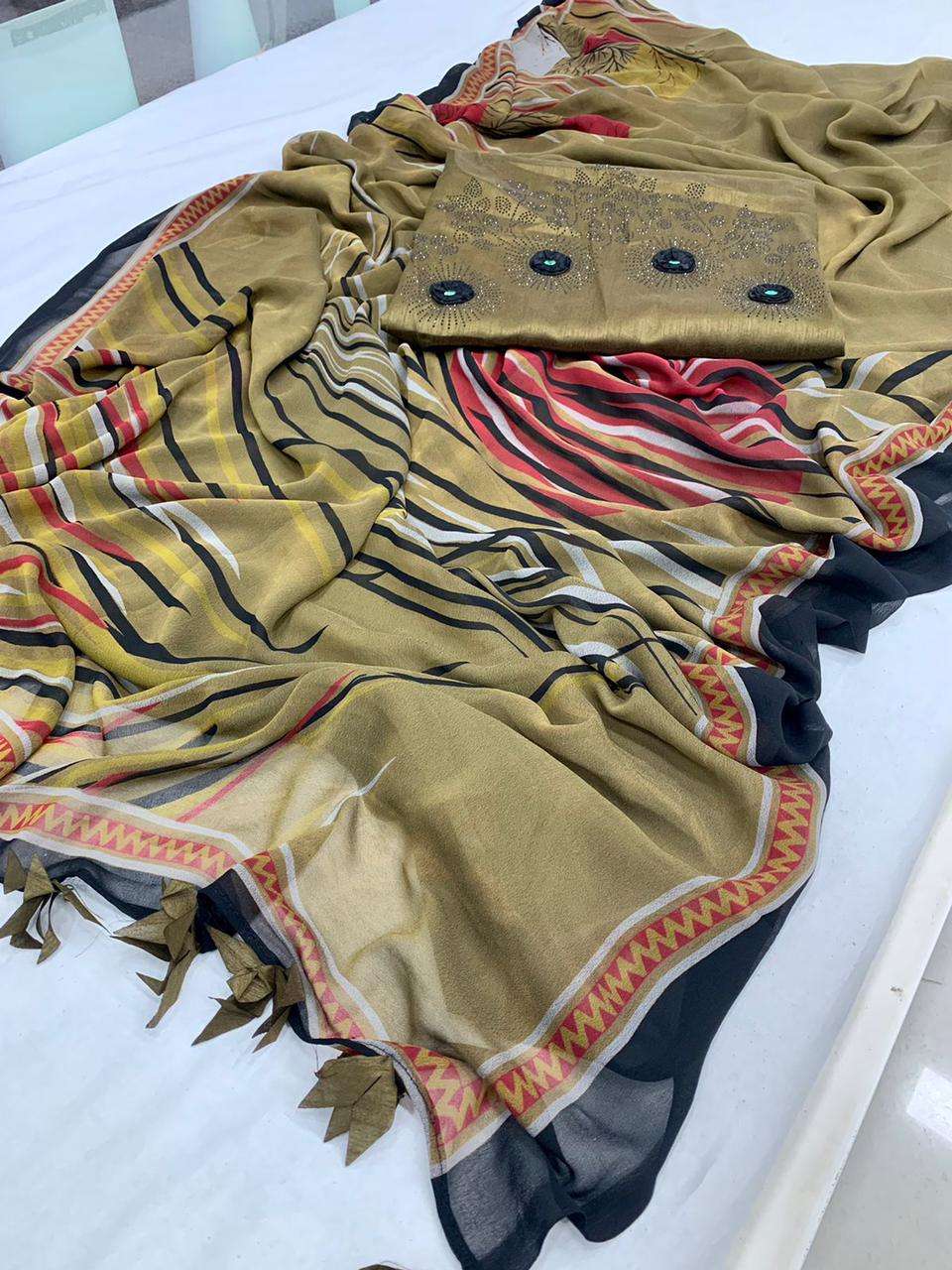 BLACK GEORGETTE DESIGNER BLACK GEORGETTE SAREE WITH SWROSKI WORK BLOUSE