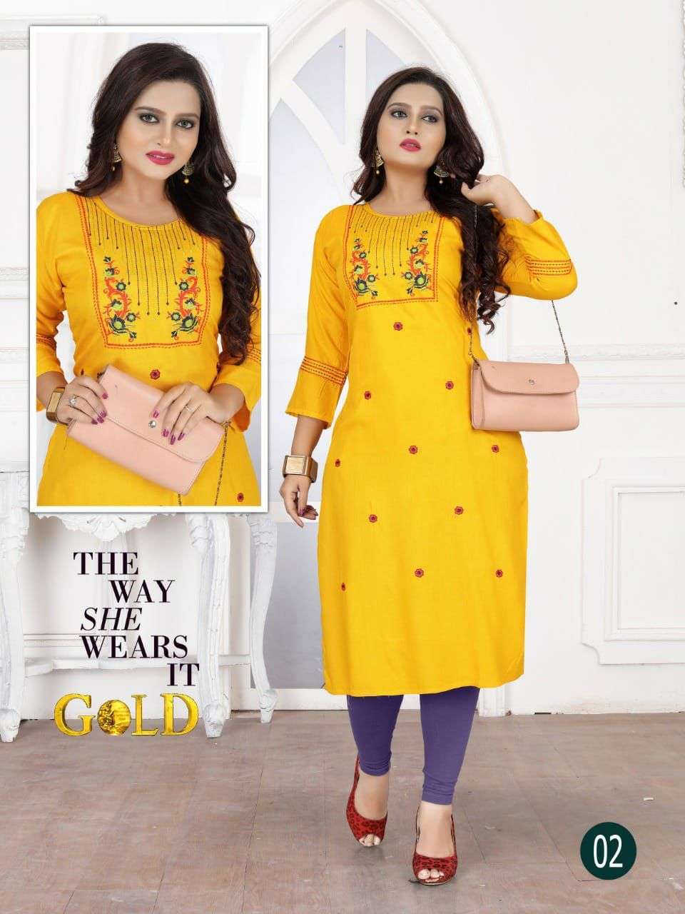 GOLD VOL.3 BY TRENDY HEAVY RAYON WITH WORK KURTI CATALOG WHOLESALER BEST RATE