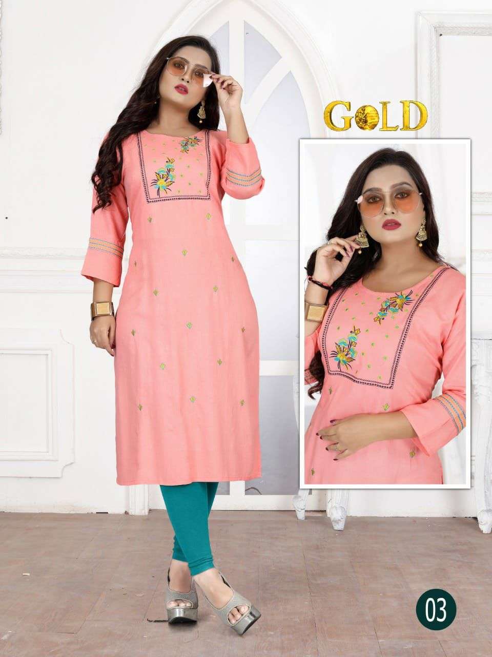 GOLD VOL.3 BY TRENDY HEAVY RAYON WITH WORK KURTI CATALOG WHOLESALER BEST RATE