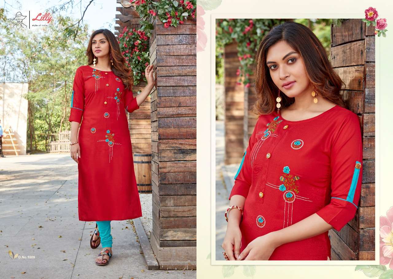 lilly senorita series 1001-1009 Rayon Embroidered Work Kurtis with Handwork touched