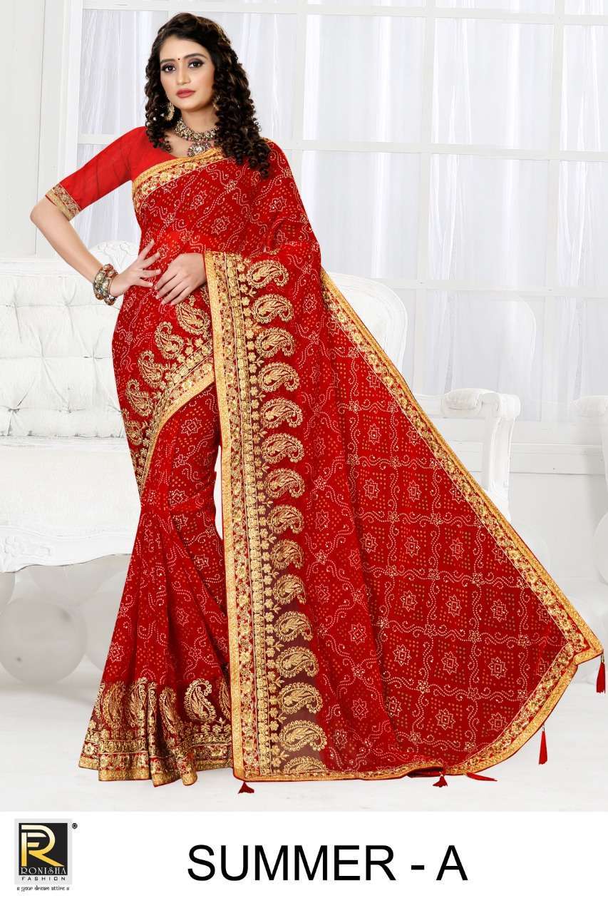 ranjna saree summer embroidery worked border Georgette bandhani saree collection