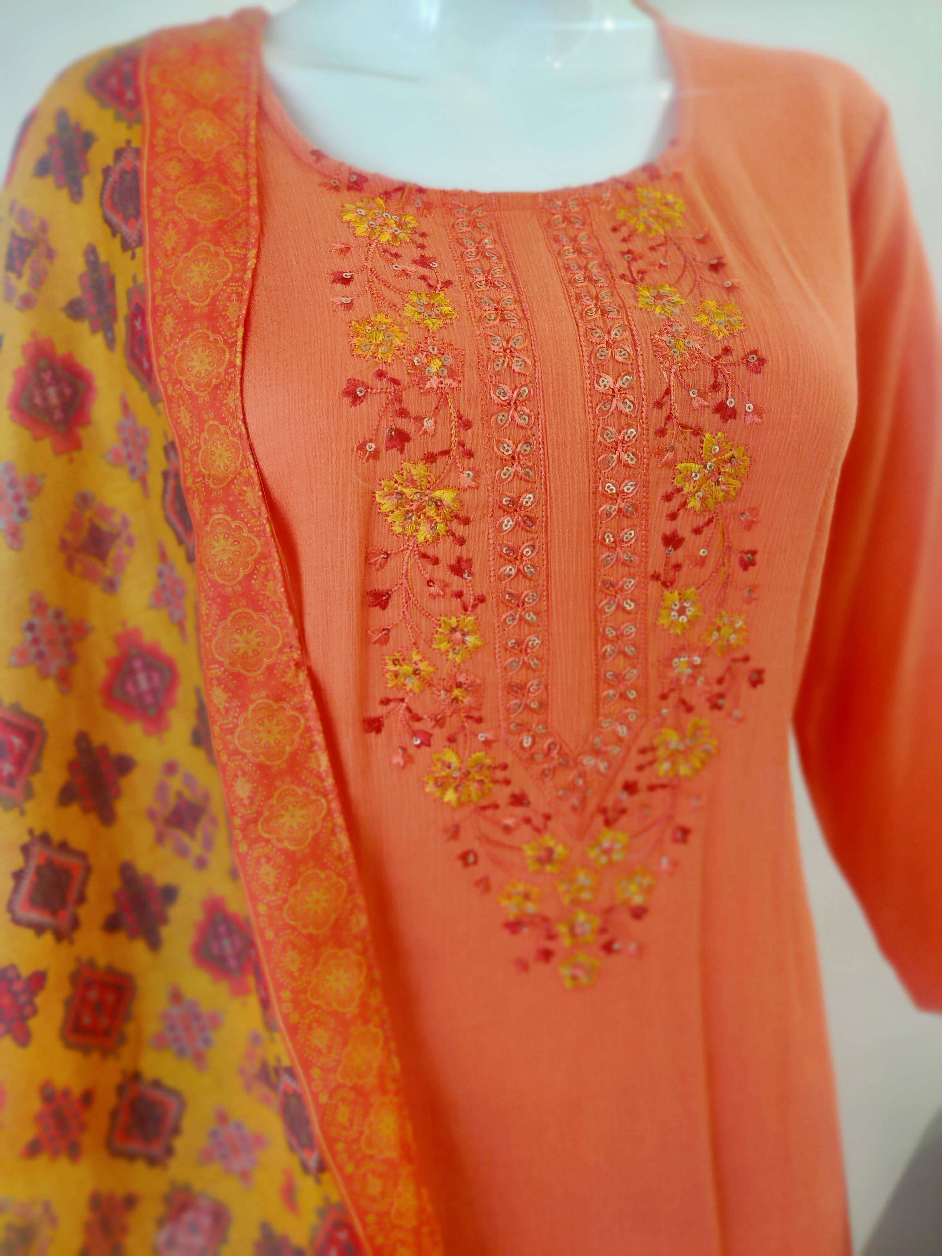 Rayon Foil Print top with handwork and pants with mirror work Dupatta