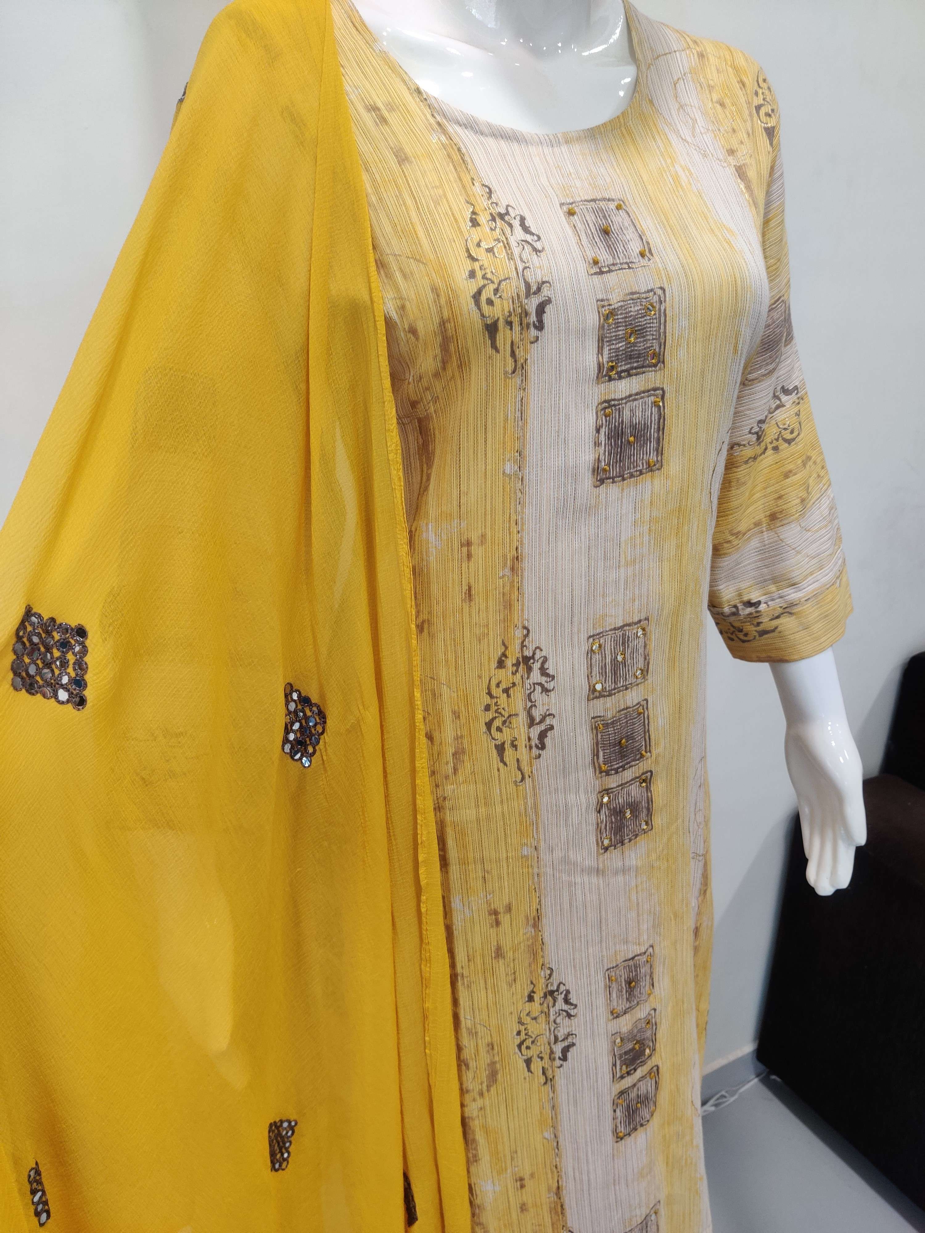 Rayon Foil Print top with handwork and pants with mirror work Dupatta