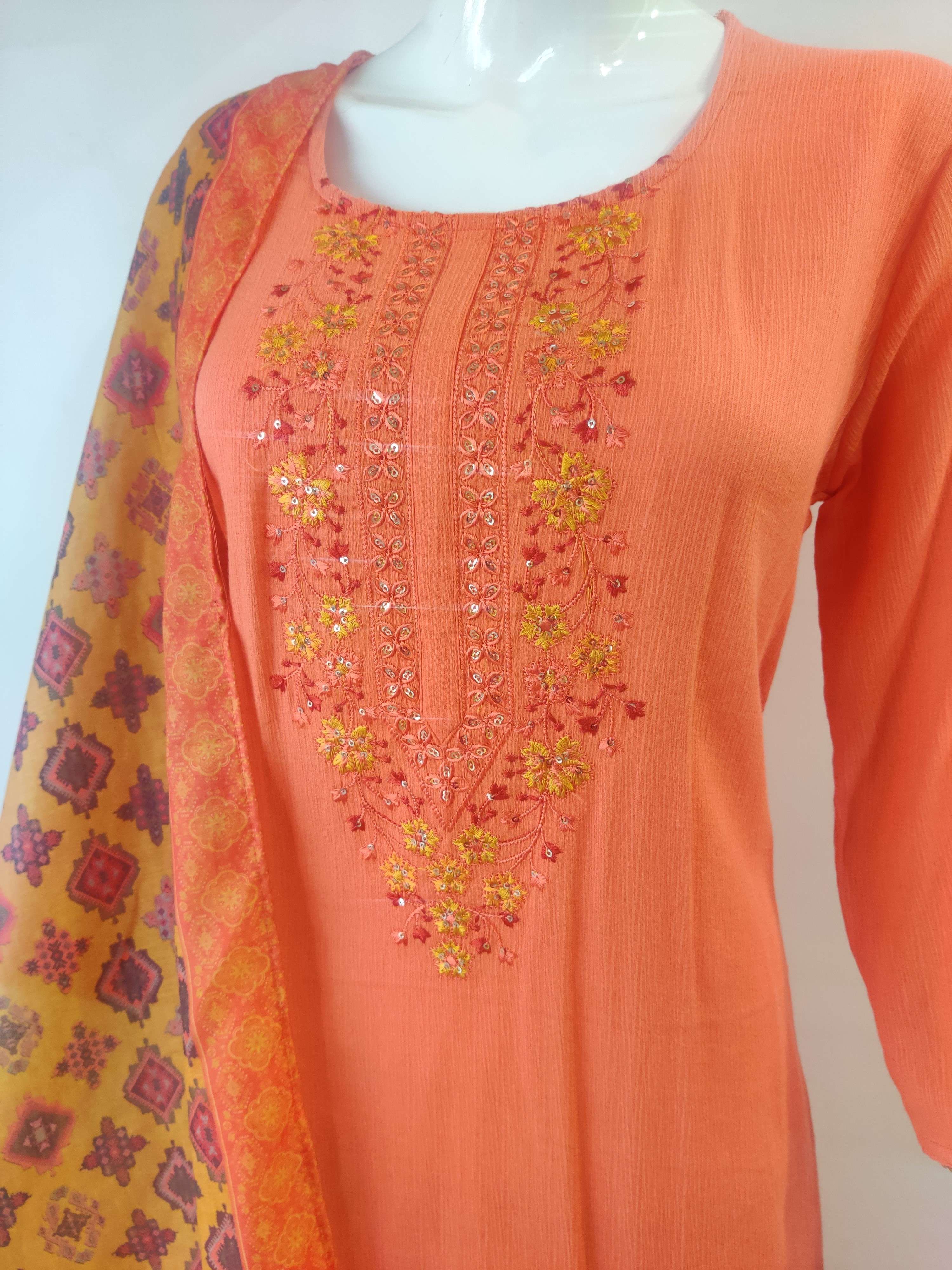 Rayon Foil Print top with handwork and pants with mirror work Dupatta