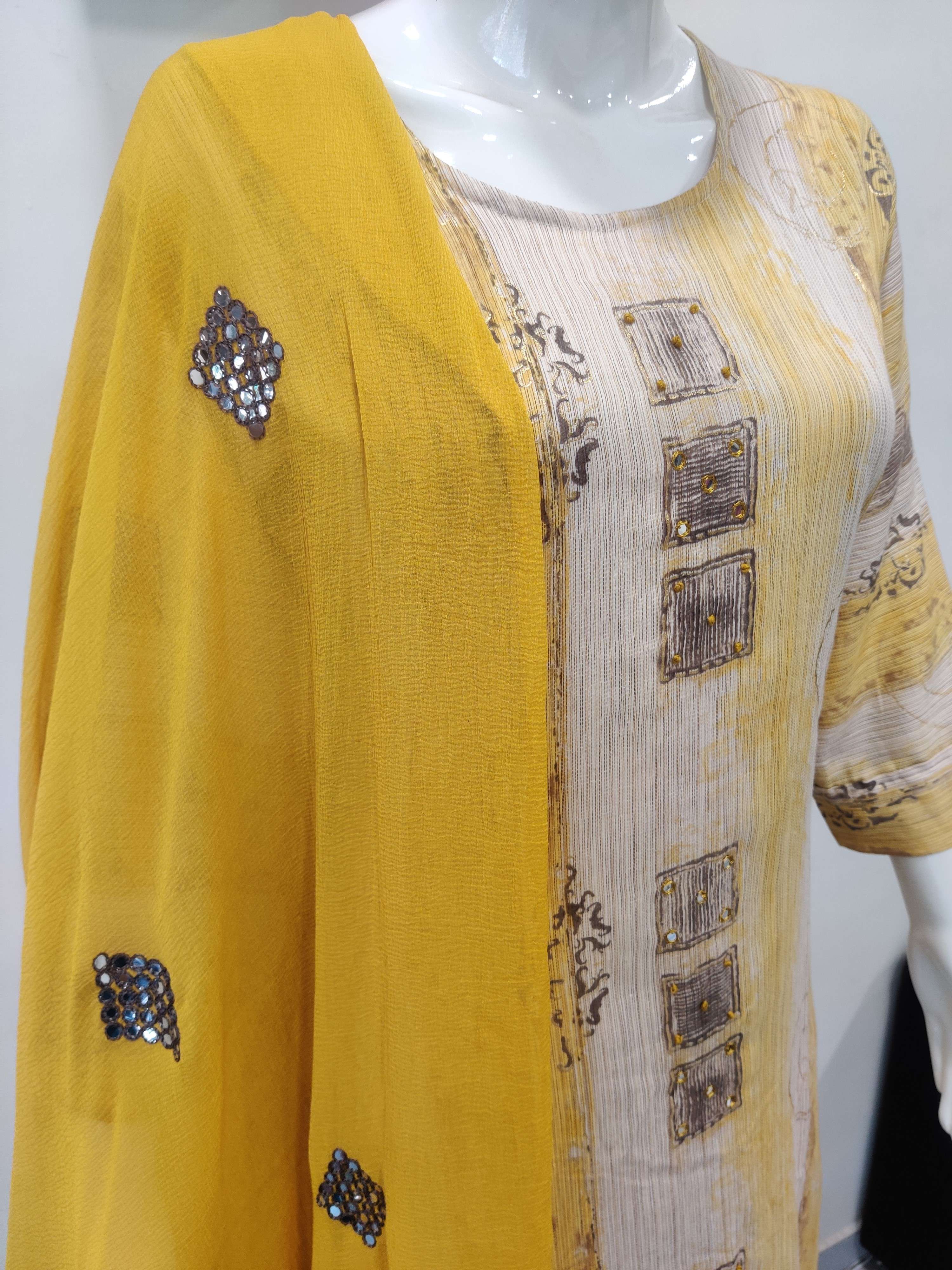 Rayon Foil Print top with handwork and pants with mirror work Dupatta