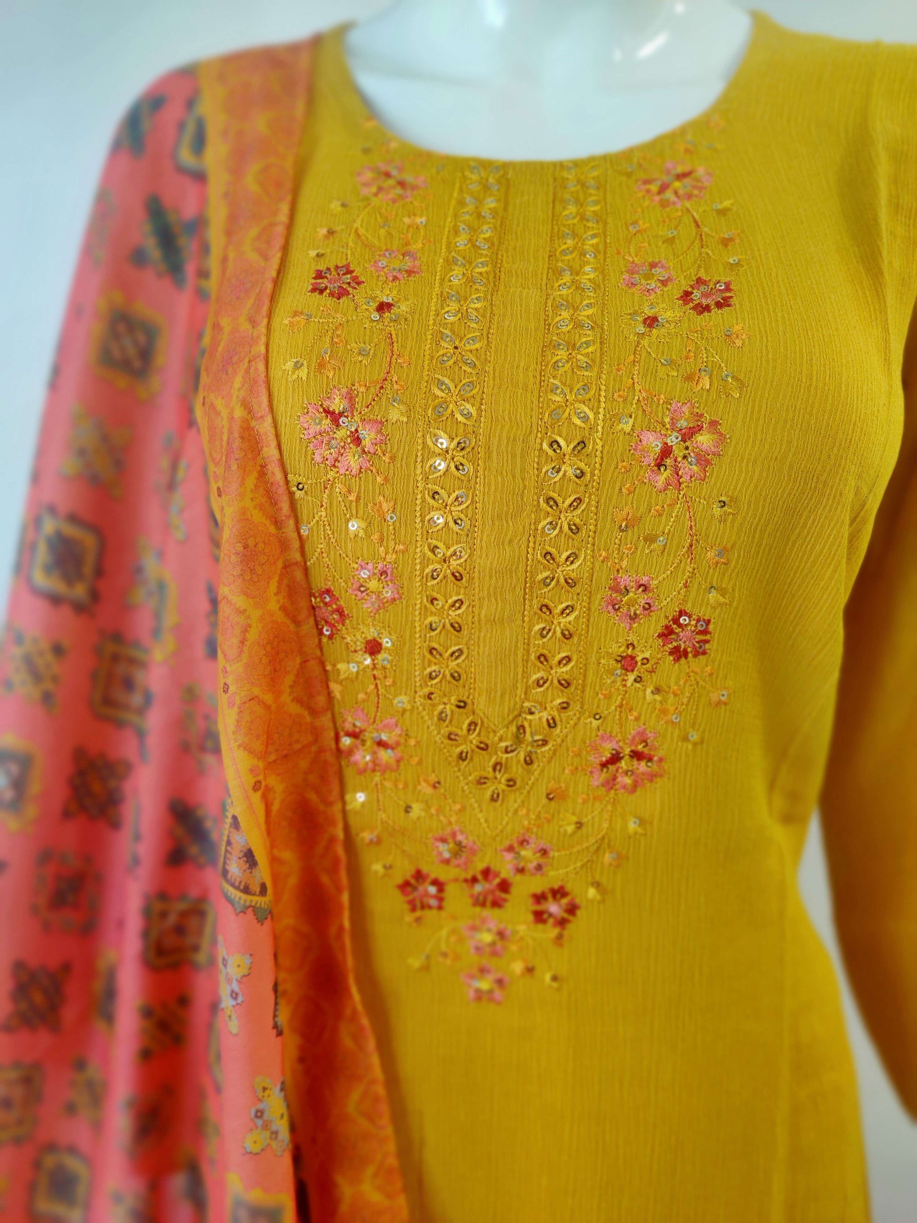 Rayon Foil Print top with handwork and pants with mirror work Dupatta