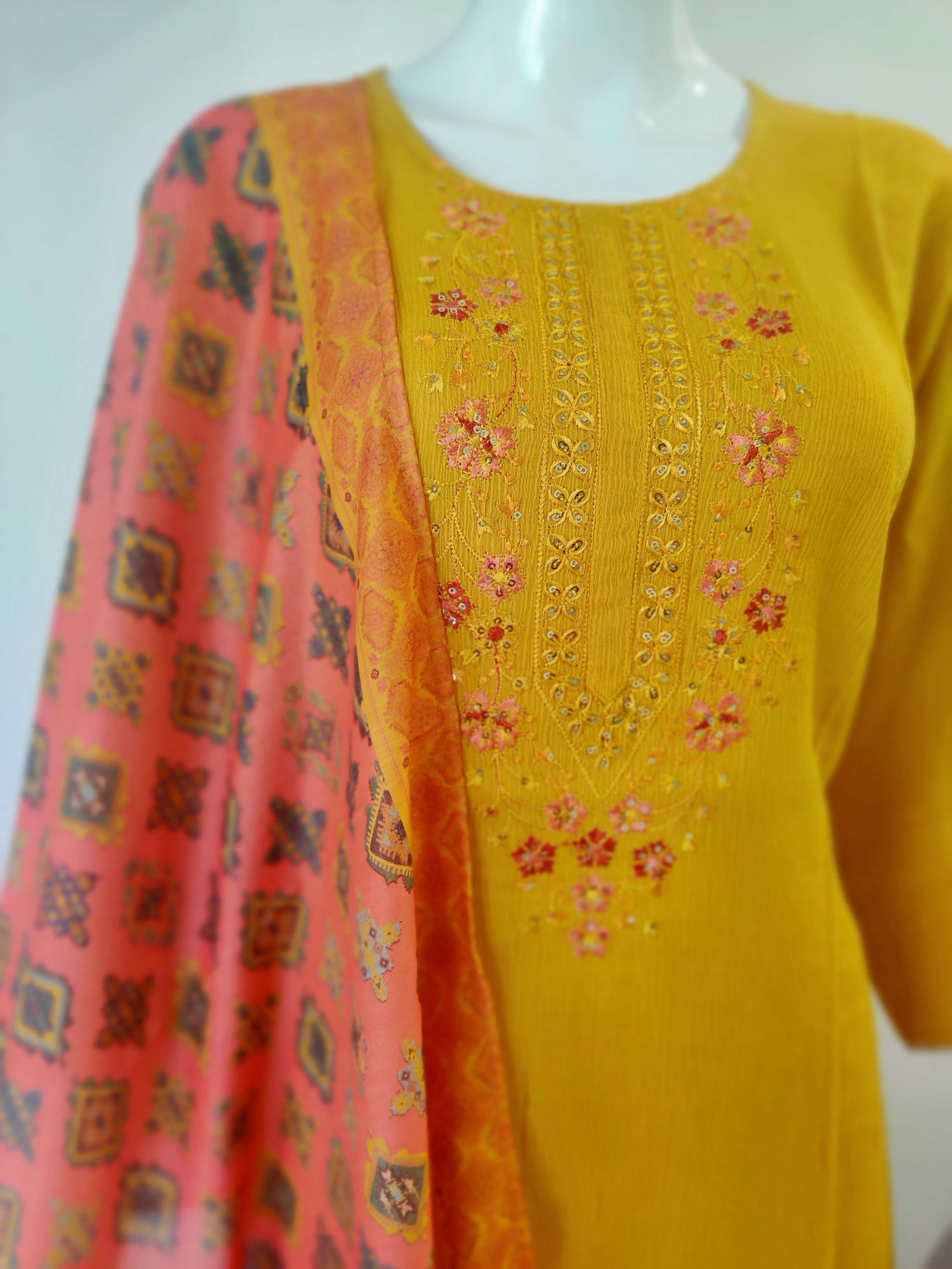 Rayon Foil Print top with handwork and pants with mirror work Dupatta