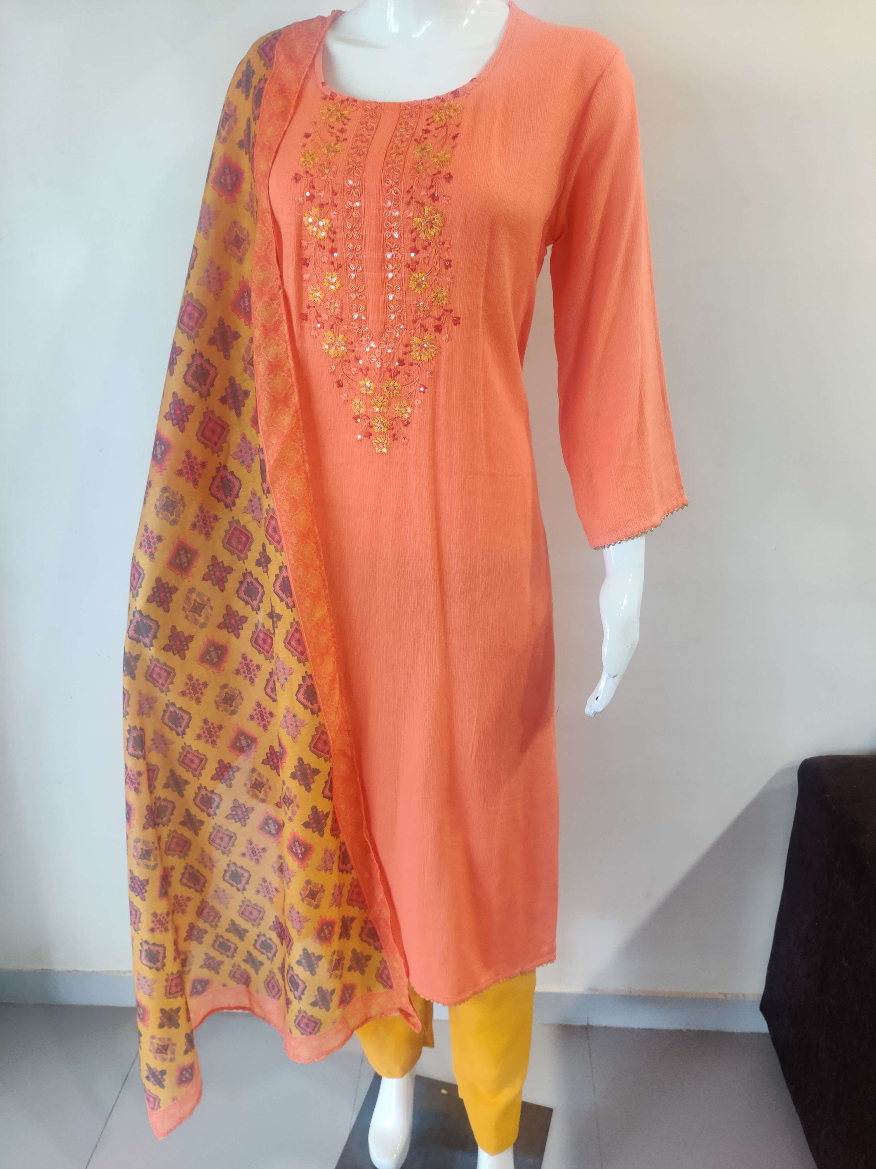 Rayon Foil Print top with handwork and pants with mirror work Dupatta