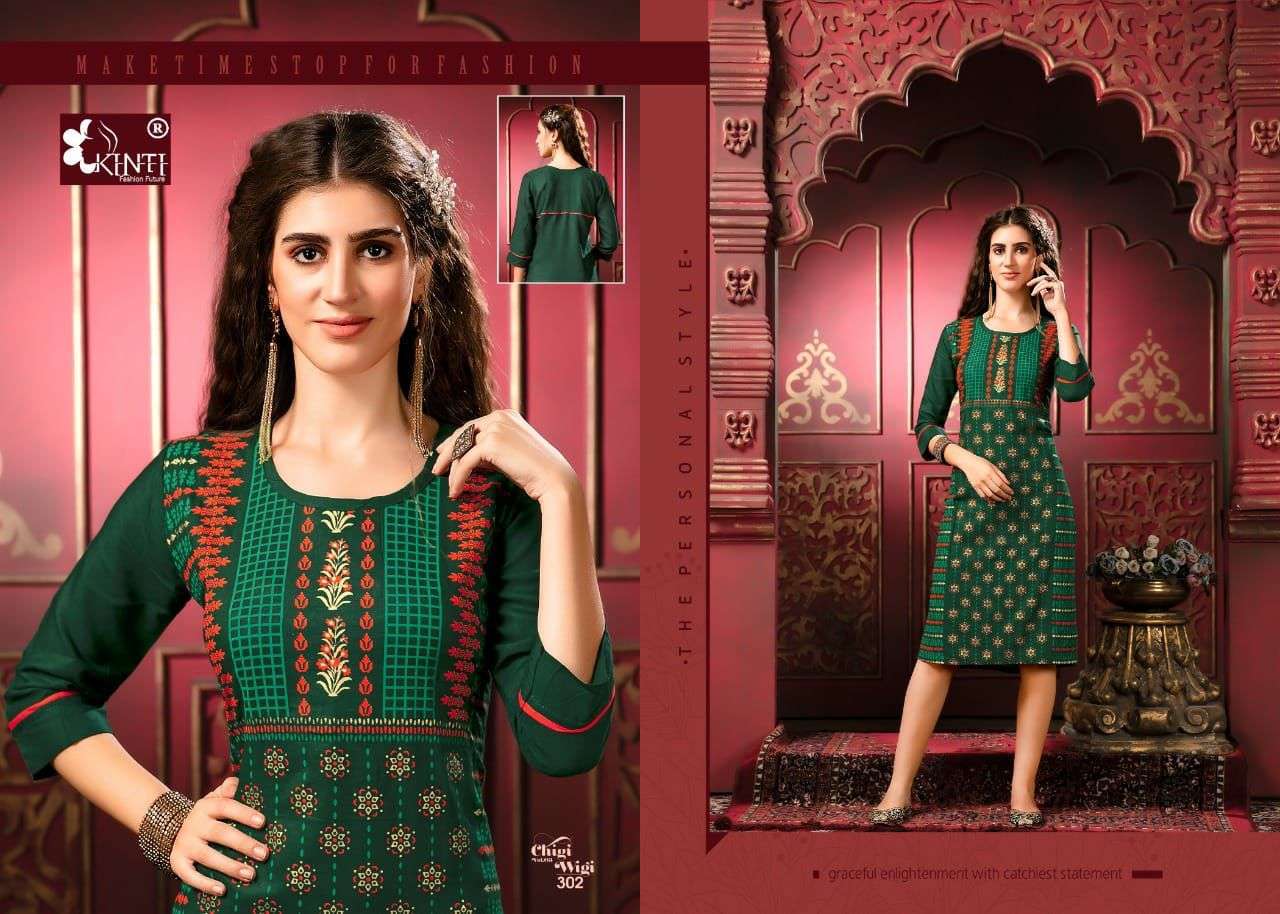 kinti chigi wigi 3 series 101-110 rayon slub multi color foil print kurti 
