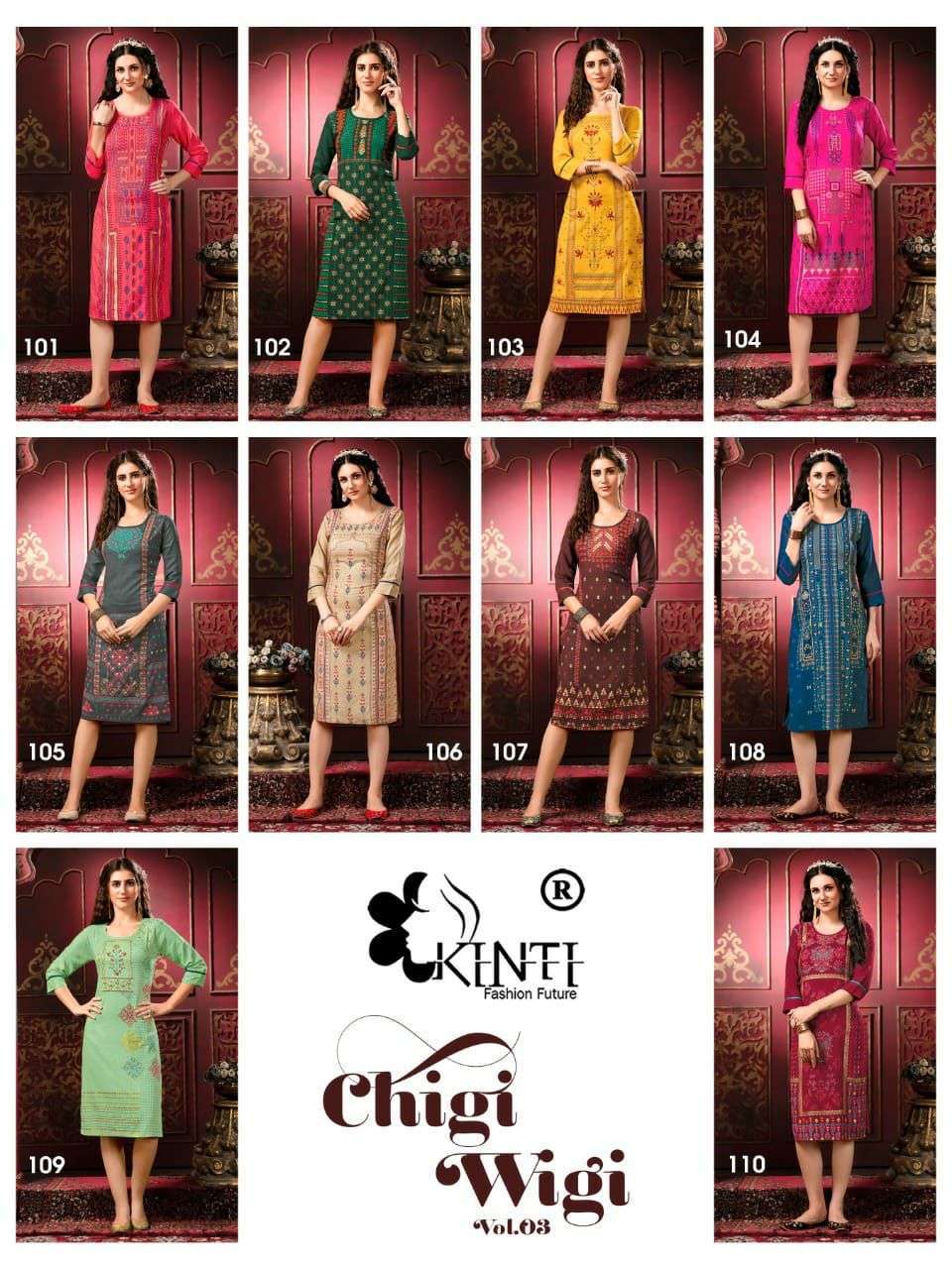 kinti chigi wigi 3 series 101-110 rayon slub multi color foil print kurti 