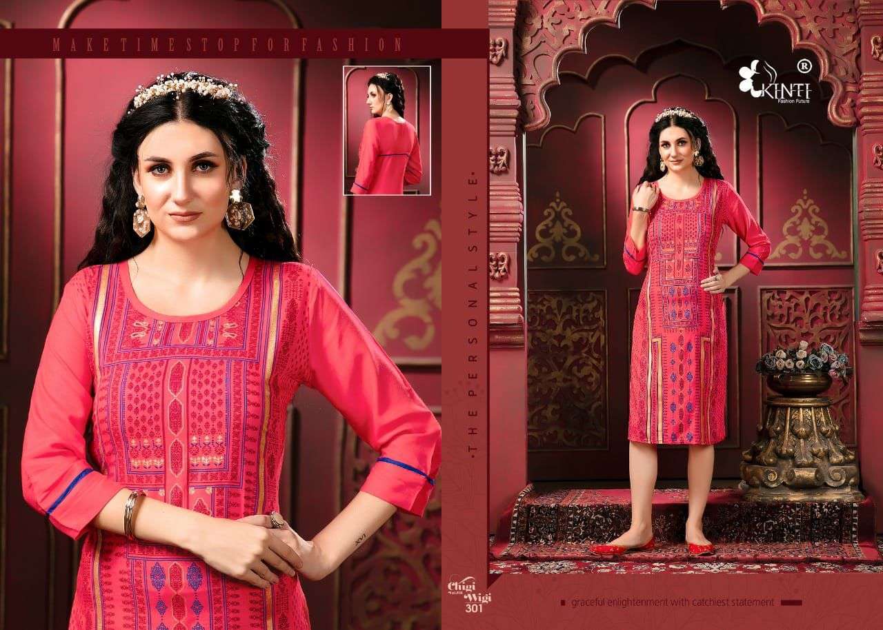 kinti chigi wigi 3 series 101-110 rayon slub multi color foil print kurti 