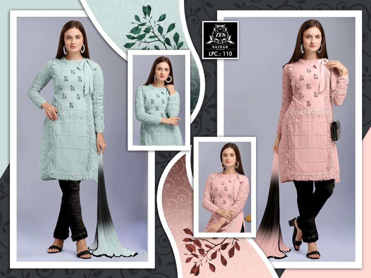 zainab studio lpc 110 Pure Georgette Luxury Tunic with beautiful classy Hand  Work & Glamours Lace Work