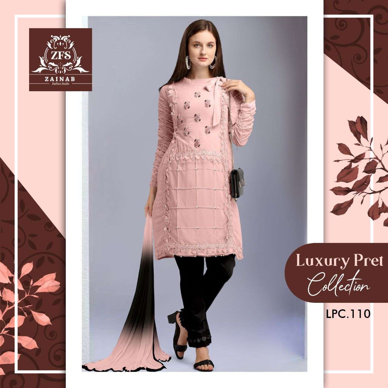 zainab studio lpc 110 Pure Georgette Luxury Tunic with beautiful classy Hand  Work & Glamours Lace Work