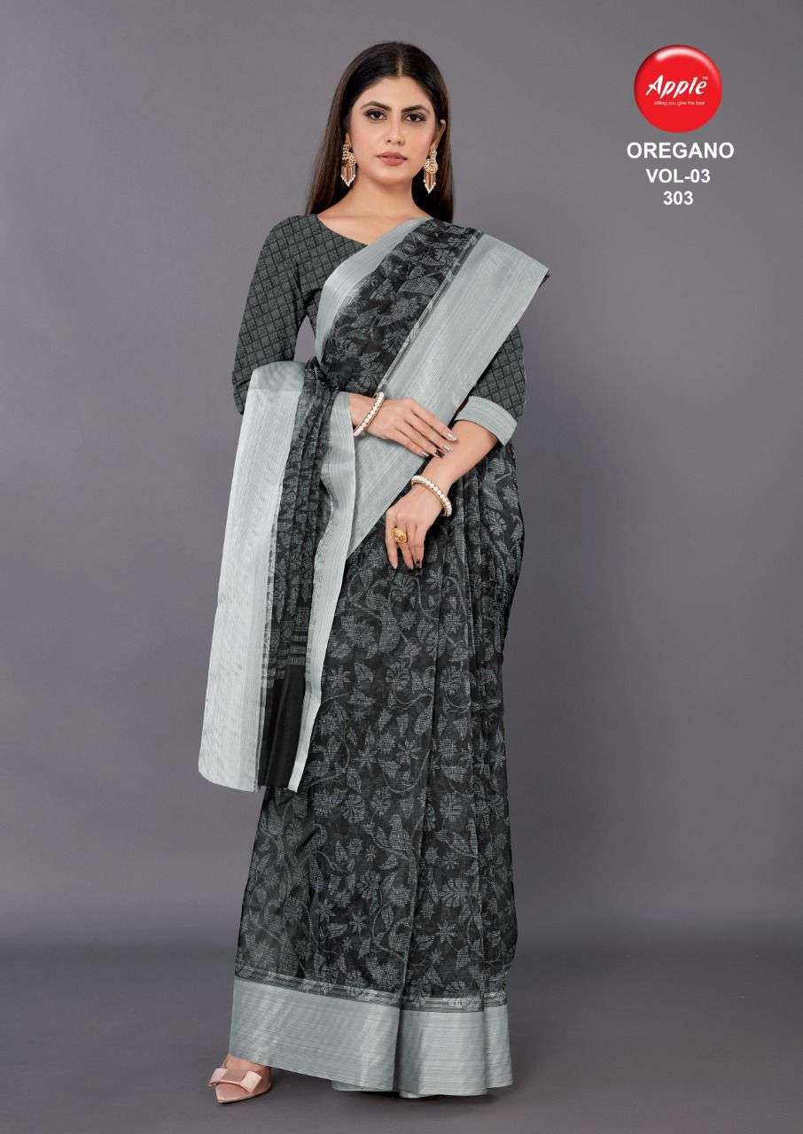 apple oregano vol 3 & 4 series 301-312 Organza with zari weaving border saree