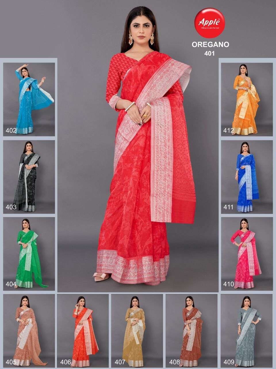 apple oregano vol 3 & 4 series 301-312 Organza with zari weaving border saree