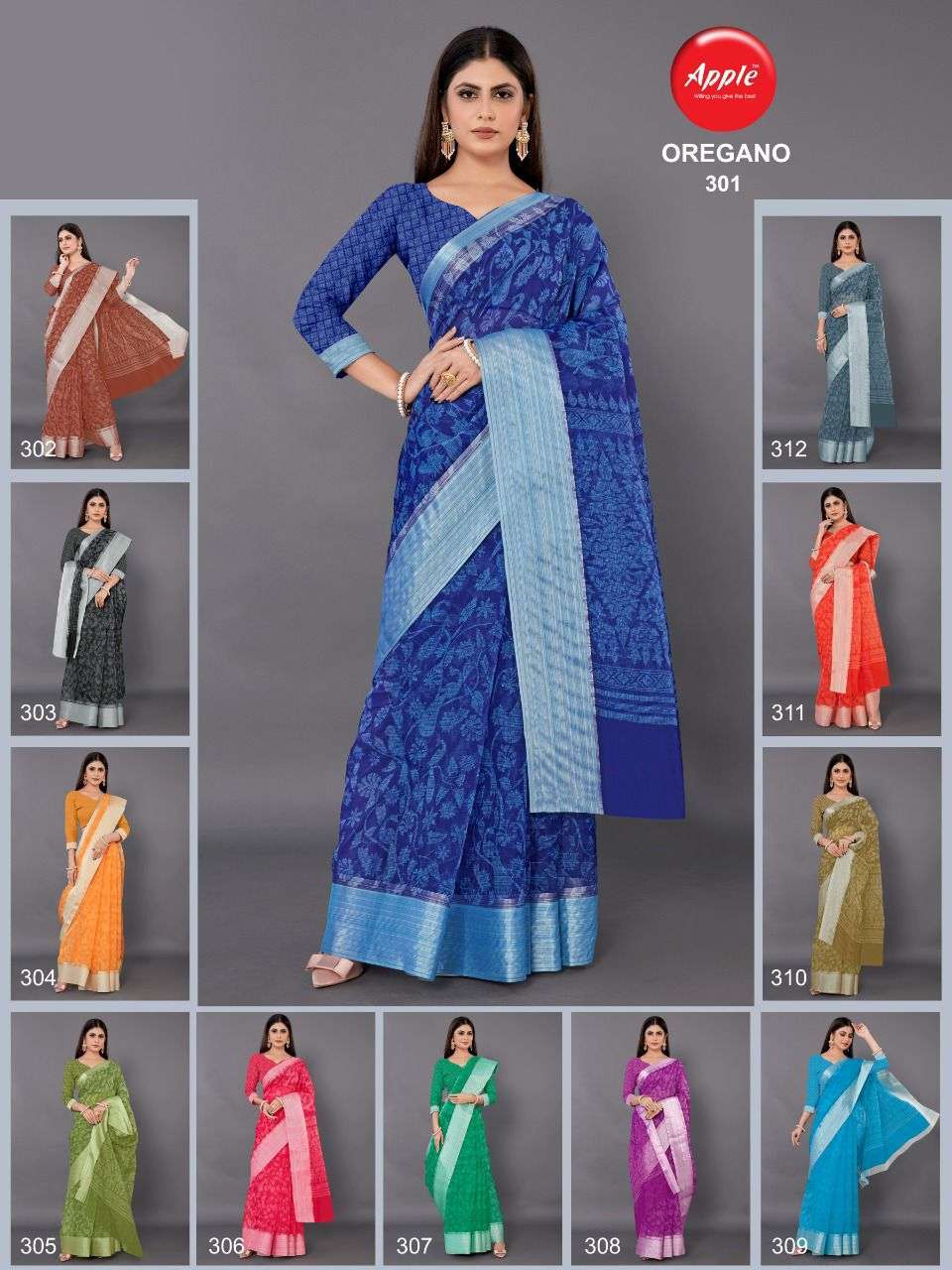 apple oregano vol 3 & 4 series 301-312 Organza with zari weaving border saree