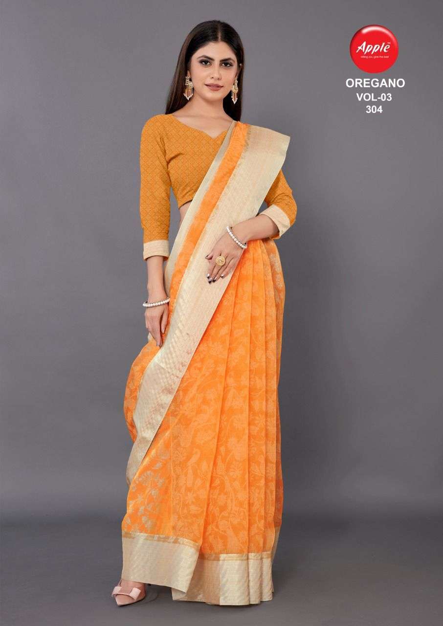 apple oregano vol 3 & 4 series 301-312 Organza with zari weaving border saree