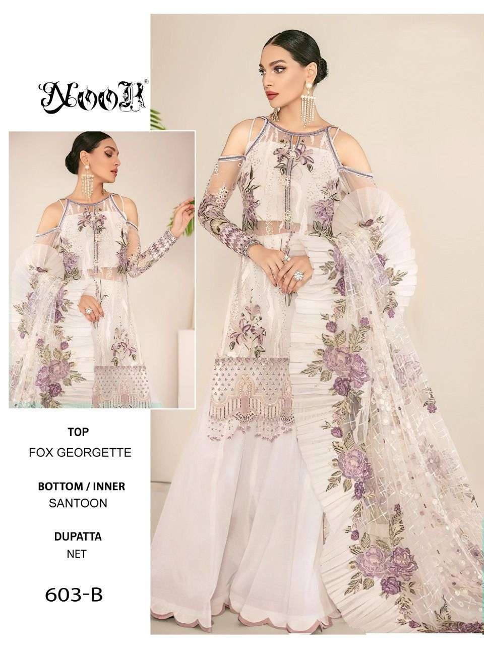 noor 603 colors Faux Georgette With Self Embroidery work with moti work suit