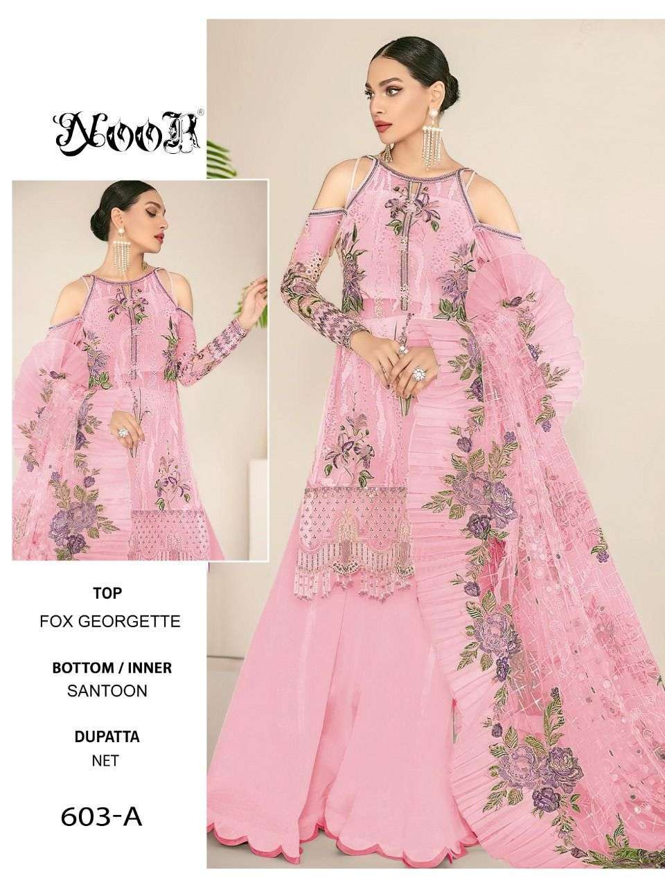 noor 603 colors Faux Georgette With Self Embroidery work with moti work suit