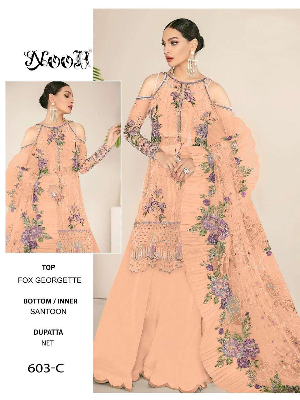 noor 603 colors Faux Georgette With Self Embroidery work with moti work suit