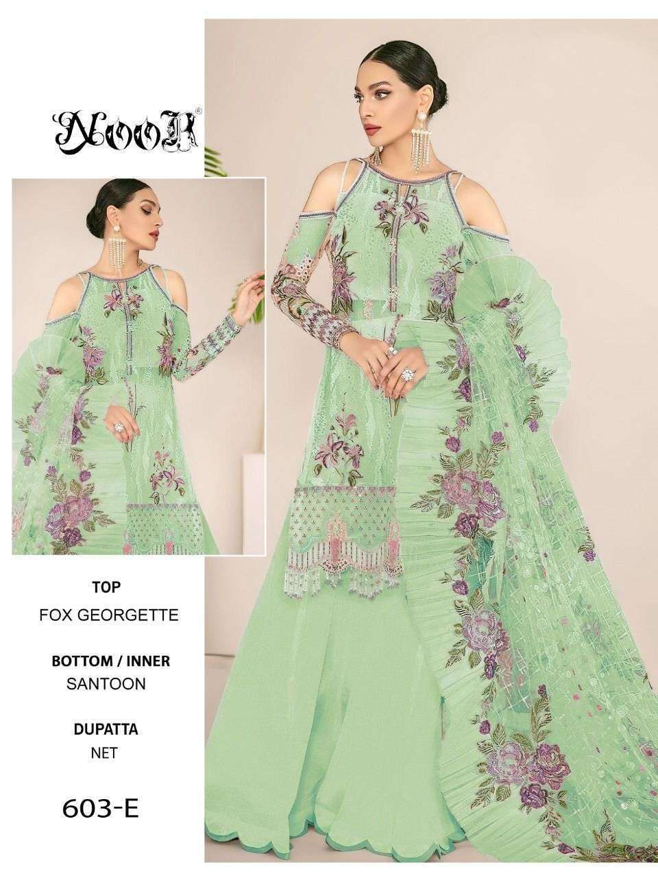 noor 603 colors Faux Georgette With Self Embroidery work with moti work suit